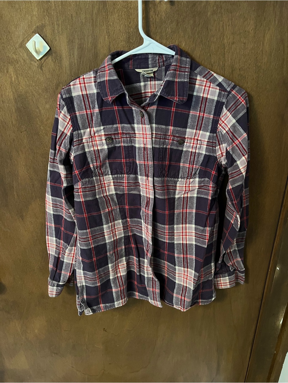Duluth Trading Co Purple, White, and Red Plaid Button-Down Women’s Shirt